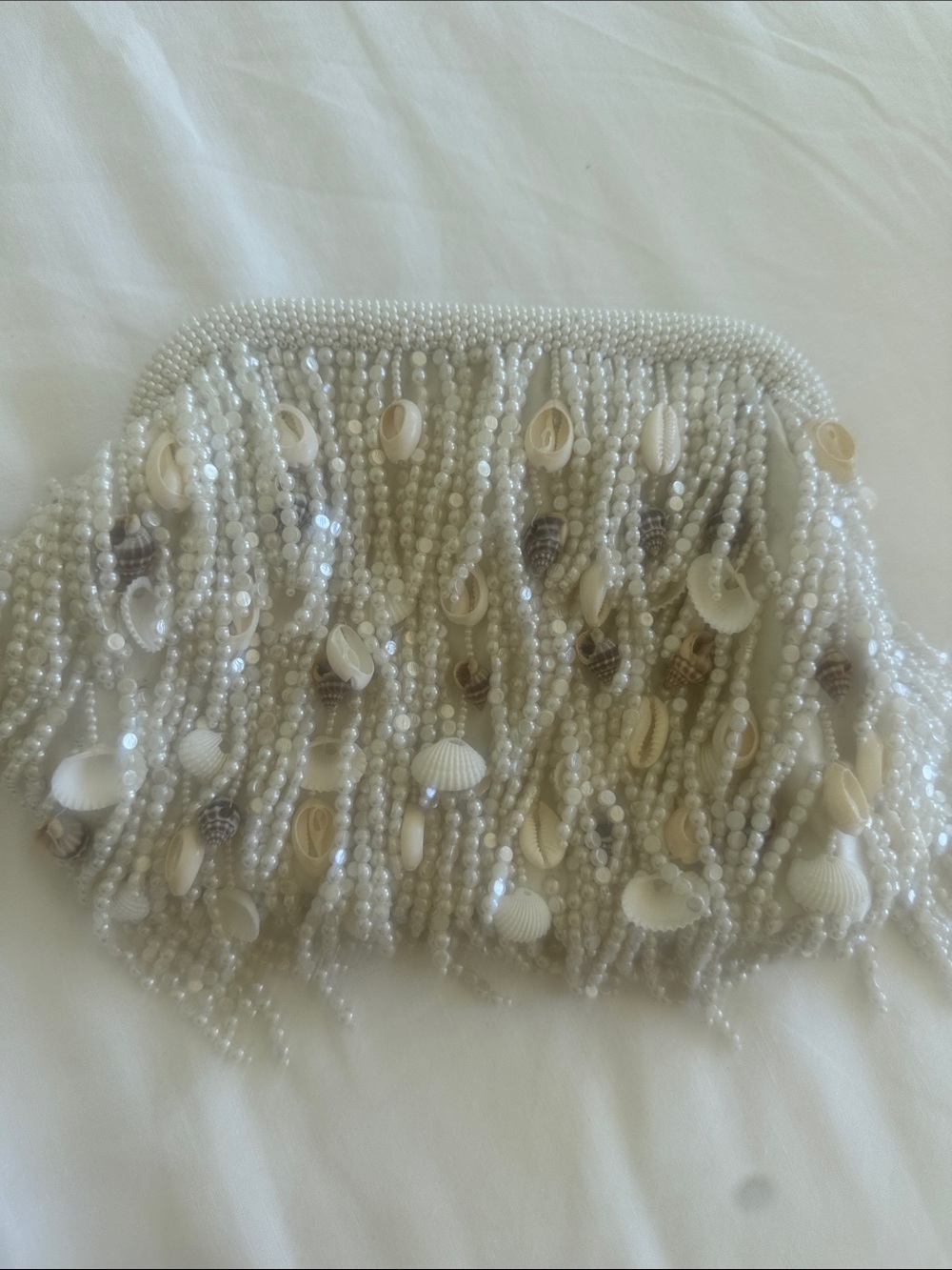 Celandine Beaded Shell Fringe Chain Shoulder Clutch Cream - Picture 8 of 10